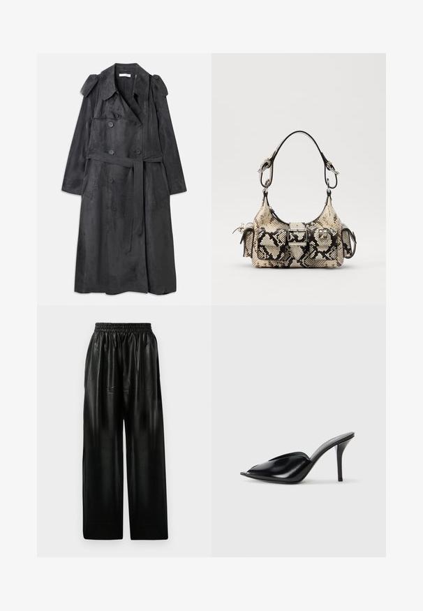 Pikk tumehall trench coat, mis on valmistatud pehmest sametitaolisest materjalist, kahekordsete nuppudega, õlavarre epaulettide ja sobiva vööga.; Mustade pikad varrukad ja kõrge kaelusega lühikese lõikega topp. Valmistatud venivast kangast, millel on selja külge luku sulgemine ja külgpainutused.; Mustad nahast laiade säärega püksid elastse vöökohtaga, millel on kaks küljetaskut ja sile, läikiv pind.; Mustad nahast kõrge kontsaga mulad avatud varbaga, terava disainiga, siledapinnalised ja kitsaste stilettokontsadega.; Pruuni ja musta värvi nahkjeskott, millel on struktureeritud kuju, pandla detail ja kaks õlarihma. Tekstureeritud pind.