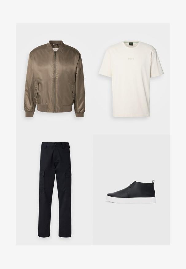 Brown satin bomber jacket with a zip front, ribbed cuffs, and two side pockets, featuring a classic design and smooth texture.; BOSS TEE - Basic T-shirt - open white; Black cargo pants made of sturdy fabric, featuring a straight-leg cut, two side pockets, and a button closure at the waistband.; Black leather high-top sneakers with a smooth finish, white rubber sole, and simple lace-up design. Features a pull tab at the back.