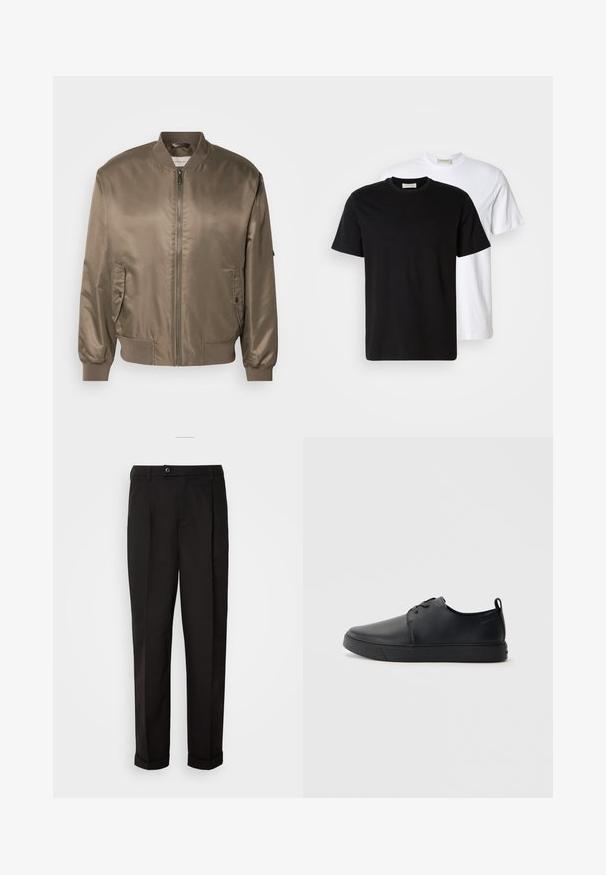 Rudas satino bomberio striukė su užtrauktuku priekyje, gumuotomis rankovėmis ir dviem šoninėmis kišenėmis, pasižyminti klasika dizainu ir sklandžiu paviršiumi.; Du riebi medvilniniai marškiniai, vieni juodi, padėti prie baltų, abu trumpomis rankovėmis ir apvaliais iškirpimais.; Juodos kelnės su lygiu paviršiumi, tiesaus kirpimo, su dviem priekinių kišenių ir vieno mygtuko uždarymu juosmenyje.; Juodos odinės sportinės bateliai su lygiu paviršium, suapvalinta nosimi, toniniais siūlais, raištelių užsegimu priekyje ir plokščiu guminiu padu. Kilpelė ant kulno.