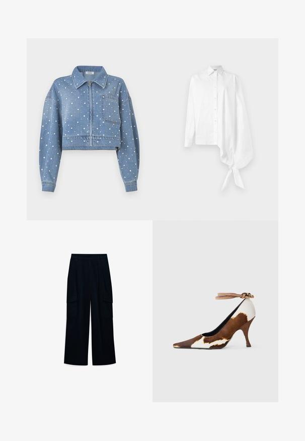 Giacca di jeans cropped di colore azzurro chiaro, con decorazioni a pois bianchi e argentati, zipper frontale, colletto a punta e tasca sul petto.; Camicia bianca a maniche lunghe con bottoni, dotata di una manica asimmetrica oversize arricciata legata al polso sul lato destro.; Pantaloni a gamba larga e vita alta in tessuto blu scuro. Presentano pieghe e due tasche cargo laterali. Tessuto liscio con un design pulito.; Scarpa con tacco alto a stampa mucca marrone e bianca, con punta affusolata, superficie texturizzata e cinturino alla caviglia con fibbia marrone chiaro.