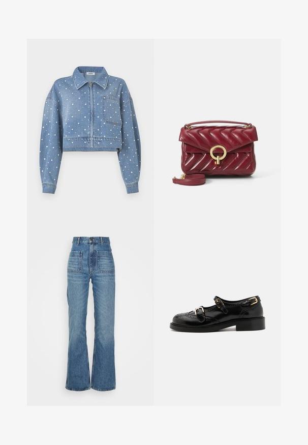 Strihaná džínsová bunda svetlomodrej farby, so striebornými a bielymi bodkami, predným zipsom, špicatým golierom a náprsním vreckom.; Krátka košeľa s gombíkmi v svetlozelenej a bielej kárované vzore. Má biely golier a dlhé rukávy s gombíkovými manžetami. Mäkkučký materiál.; Džíny vysokého pásu z modrej džínoviny s rozšírenou nohavicou, dvoma prednými vreckami a dvoma zadnými vreckami; textúrovaná tkanina s vyblednutým vzorom.; Čierne kožené topánky s brogue detailami, vybavené dvoma prackami, zaoblenou špičkou a nízkym podpätkom. Hladká textúra s lesklým povrchom.; Bordová kožená kabelka s chevronovým prešívaním, zlatým okrúhlym kovovým prvkom, horným držadlom a nastaviteľným ramenným popruhom. Kompaktný a štruktúrovaný dizajn.