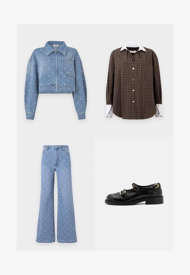 Afgeknotte denimjas in een lichtblauwe tint, versierd met zilveren en witte stippen, met een frontrits, puntige kraag en borstzak.; Bruine en groene geruite overhemd met een witte kraag, lange mouwen, knoopsluiting aan de voorkant en één borstzak; heeft een subtiele textuur en een ronde zoom.; Lichtblauwe flared jeans met een gestippeld patroon van witte en zilveren studs, voorzien van een standaard tailleband en een sluiting met voorknop.; Zwarte leren schoenen met brogue-details, voorzien van twee gespsluitingen, een ronde neus en een lage hak. Glad oppervlak met een glanzende afwerking.