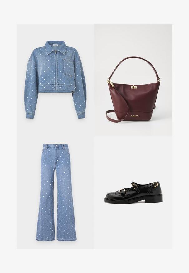 Zkrácená džínová bunda ve světle modré barvě, ozdobená stříbrnými a bílými puntíky, s předním zipem, špicatým límcem a náprsní kapsou.; Hnědá a zelená kostkovaná košile s bílým límcem, dlouhými rukávy, zapínáním na knoflíky vpředu a jednou náprsní kapsou; má jemnou texturu a zaoblený lem.; Svetle modré rozšířené džíny s tečkovaným vzorem bílých a stříbrných cvočků, se standardním pasem a předním zapínáním na knoflík.; Černé kožené boty s brogue detaily, vybavené dvěma sponami, zaoblenou špičkou a nízkým podpatkem. Hladký povrch s lesklým finišem.; Burgundská kožená kabelka se strukturovaným tvarem, plochým dnem, zaoblenou rukojetí a zlatými doplňky, včetně spony a detailu s logem.