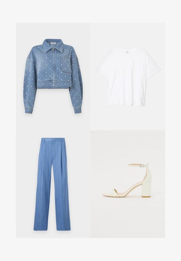 Veste en jean courte de teinte bleu clair, ornée de décorations à pois argentés et blancs, avec une fermeture éclair à l'avant, un col pointu et une poche sur la poitrine.; T-shirt en coton blanc avec des manches courtes, un col rond, une coupe décontractée et un ourlet cousu. Étiquette visible à l'intérieur du col.; Pantalons larges bleu clair avec des rayures blanches verticales. Fabriqués dans un matériau lisse, avec un pli avant et une taille épurée.; Sandale à talon bloc en cuir blanc avec une bride de cheville à boucle et un design minimaliste. Bout ouvert et textures lisses sur l'ensemble.