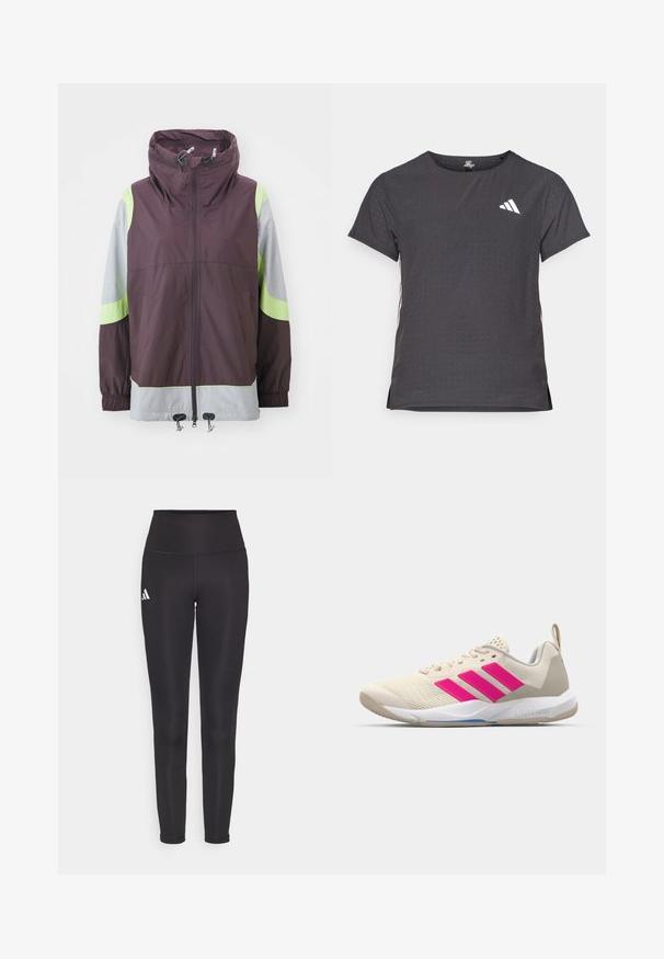 adidas by Stella McCartney Trainingsvest - mineral red/pulse lime; Korte mouwen sport t-shirt, donkergrijs met geperforeerde textuur. Bevat een wit logo en contrasterende zijstrepen. Ronde halslijn.; Zwarte high-waisted leggings van rekbaar materiaal. Heeft een wit logo aan de linkerkant en een stijlvolle, naadloze uitstraling. Soepele textuur.; Beige sportshoe met een roze drie-strepen logo, een textuur-mesh bovenkant, een gevoerde kraag en een witte rubberen zool, met "LIGHTSTRIKE" branding.