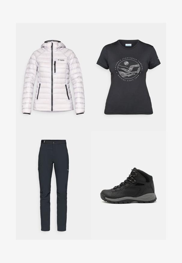 Lekki biały puchowy kurtka z kapturem, z poziomym pikowaniem, czarnymi zamkami błyskawicznymi i brandingiem Columbia Titanium.; Czarny t-shirt Columbia z białą okrągłą grafiką gór i rzeki oraz napisem "Columbia Sportswear Company Outside Since 1938."; Męskie spodnie outdoorowe, ciemnoszare, wykonane z elastycznego materiału, z paskiem, kieszeniami na zamek oraz wzmocnionymi szwami.; Czarne buty trekkingowe z średnim cholewem, z teksturowaną cholewą, szarymi akcentami oraz trwałą gumową podeszwą z wypustkami zapewniającymi przyczepność.