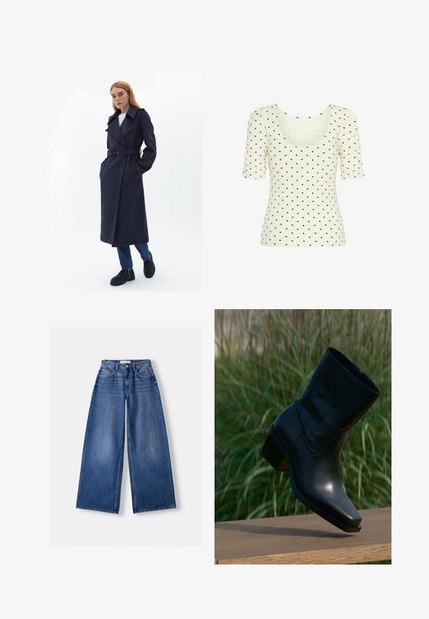 Granatowy płaszcz trench z paskiem w talii, szerokimi klapami i bocznymi kieszeniami, wykonany z teksturowanej tkaniny. Noszony na niebieskich dżinsach i czarnych butach.; Kremowa bluzka z krótkimi bufkami, z dekoltem w serek i ryżowym wzorem, ozdobiona małymi brązowymi kropeczkami.; Bershka WIDE granatowy; Czarne skórzane botki za kostkę z wąskim noskiem, niskim obcasem w formie kostki, gładką teksturą i minimalistycznym wykończeniem. Zamek błyskawiczny widoczny z tyłu.