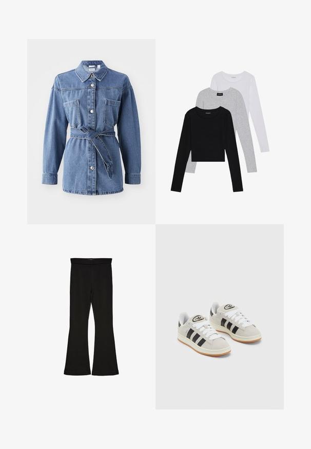 Τζάκετ από τζιν με ζώνη στη μέση, που διαθέτει κλασικό γιακά, δύο τσέπες στο στήθος και μπροστινό κούμπωμα με κουμπιά σε μεσαίο μπλε χρώμα.; Τρία μπλουζάκια με μακριά μανίκια τοποθετημένα το ένα πάνω στο άλλο: μαύρο, γκρι και άσπρο. Κάθε μπλούζα έχει στρογγυλή λαιμόκοψη και cropped σχέδιο, κατασκευασμένη από απαλό, ελαφρύ ύφασμα.; Μαύρες κολάν με φουσκωτό σχέδιο, φτιαγμένες από ελαστικό ύφασμα. Διαθέτουν φαρδύ λάστιχο και λεία υφή, με εφαρμοστό σχήμα που ανοίγει στο τελείωμα.; Γκρίζα σουέτ αθλητικά παπούτσια με λευκές κορδόνες, μαύρες ρίγες και λευκή καουτσούκ σόλα. Διαθέτει κυκλικό λογότυπο στη γλώσσα και σόλα από καουτσούκ.