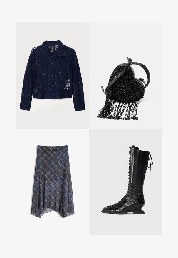 Blonderjakke i mørkeblå med krave, lange ærmer og lilla knapper. Struktureret design med blomster mønstre og en cropped pasform.; Mørkegrå cardigan lavet af struktureret strikket stof, med rund halsudskæring, lange ærmer og seks knaplukninger ned foran.; Ribbet, ærmeløs top i lys grå med rund halsudskæring og subtil branding på fronten. Fremstillet af et blødt, strækbart materiale.; Sort ternet nederdel med blå og brune linjer, flydende design, midt-længde, lavet af letvægtsstof med en glat tekstur.; Sort knæhøje støvler med snørret front, lavet af glat og struktureret læder, med en skulptureret hæl og geometrisk paneldesign.; Sort hjerteformet håndtaske med perletekstur og frynse detaljer, en glat læderhåndtag og en aftagelig skulderrem.