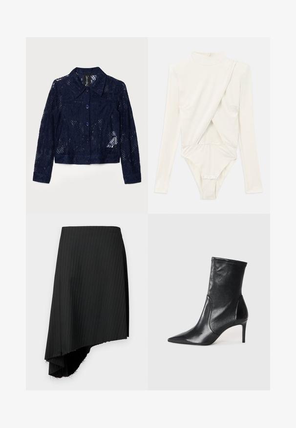 Lace jacket in dark navy featuring a collar, long sleeves, and purple buttons. Textured design with floral patterns and a cropped fit.; Long-sleeve bodysuit in cream white, featuring a high collar, side ruching, and snap closure at the bottom. Made of smooth, stretchy fabric.; Black pinstriped skirt with an asymmetrical hemline, featuring raw edges. Made of lightweight fabric with a smooth texture.; Black ankle boots made of smooth leather, featuring a pointed toe, fitted shaft, and a slim high heel. Minimalist design with no visible hardware.