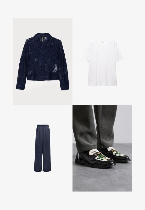 Koronkowa kurtka w ciemnym granacie z kołnierzykiem, długimi rękawami i fioletowymi guzikami. Teksturowany wzór z kwiecistymi motywami i krótkim krojem.; Prosta, biała koszulka wykonana z bawełny, z okrągłym dekoltem, krótkimi rękawami i luźnym krojem. Gładka faktura, bez wzorów czy akcentów.; Granatowe spodnie o szerokich nogawkach, wykonane z gładkiego materiału, z elastycznym paskiem w talii i bez widocznych elementów metalowych. Charakteryzują się luźnym krojem i pełnej długości.; Czarne skórzane loafersy z dekoracyjną górną częścią z zielonego i białego materiału. Zawierają złoty akcent w postaci łańcucha oraz teksturowaną czarną podeszwę.