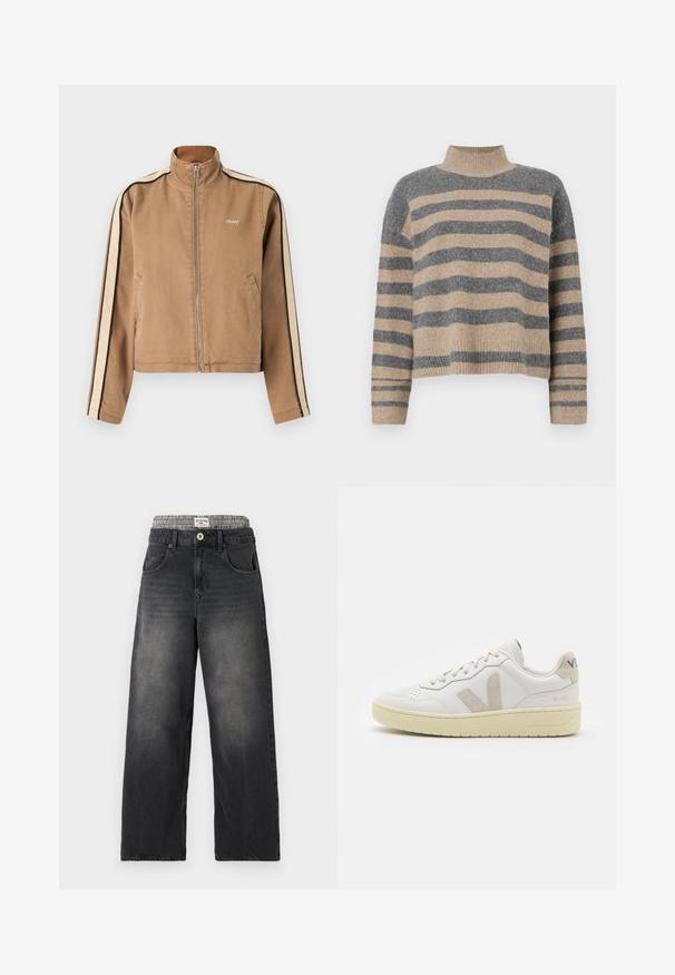 Lys brun hettejakke med beige og svarte striper på ermene, høy krage, sidelommer og liten hvit "obey" logo på brystet.; Stripet strikkegenser som har grå og beige farger, høy hals, brede mansjetter og en avslappet passform med kort design.; Sorte denim bukser med vide ben og et houndstooth-mønstret taljebånd. Funktioner inkluderer forlommer og knappelukning. Slidt tekstur.; Hvite lær sneakers med beige semsket detaljer, perforert tåboks, flate lisser og en teksturert kremfarget såle. Har subtil branding på hælen.