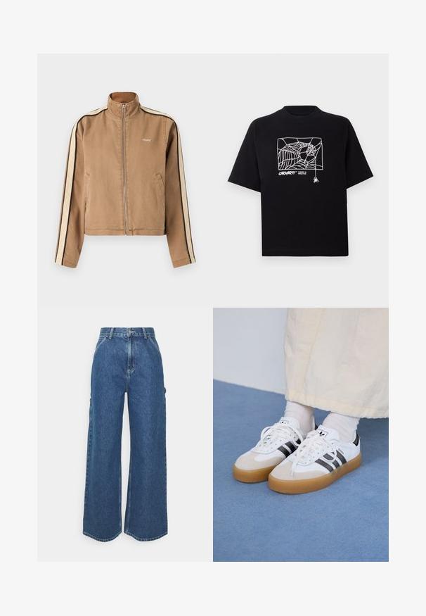 Světle hnědá zipová bunda s béžovými a černými pruhy na rukávech, vysokým límcem, bočními kapsami a malým bílým logem "obey" na hrudi.; Černé tričko vyrobené z bavlny s krátkými rukávy. Na přední straně má bílé grafické zobrazení pavučiny a logo. Jednoduchý kulatý výstřih.; Široké modré džíny s vysokým pasem, kontrastním šitím a postranními kapsami, které mají klasický design s pěti kapsami a rozstřižené lemy.; Bílé tenisky s černými pruhy a béžovými semišovými akcenty. Mají texturovanou gumovou podrážku a ploché bílé tkaničky, nošeny s světlými ponožkami.