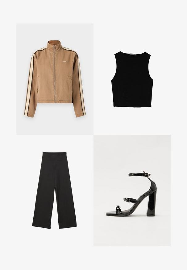 Svetlo rjava jakna na zadrgo z bež in črnimi črtami na rokavih, visok ovratnik, stranske žepke in majhen bel "obey" logotip na prsih.; Črn brez rokavov crop top, izdelan iz gladkega materiala, z okroglim izrezom in čistim, preprostim dizajnom brez vzorcev ali dodatkov.; Črne široke hlače z visokim elastičnim pasom, izdelane iz mehke tkanine in ohlapnega kroja, primerne za sproščeno nošenje ali casual priložnosti.; Črne lakirane sandale s peto, kvadratnim prstom, trakovi okrog gležnja in srebrnimi zaponkami. Opremljene so s stabilno Debelo peto.