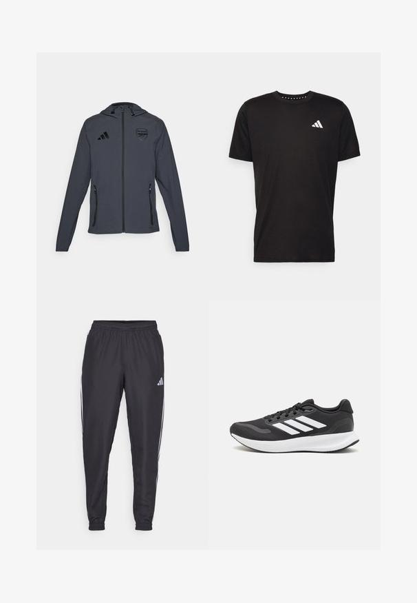 Graue Kapuzenjacke mit schwarzen Akzenten, mit einem Reißverschluss vorne, zwei Seitentaschen und einem Arsenal-Logo auf der linken Brust. Leichtes Material.; Schwarzes Baumwoll-T-Shirt mit kurzen Ärmeln, Rundhalsausschnitt und einem weißen Logo auf der linken Brust. Glatte Textur und einfaches Design.; Schwarze Sporthosen mit elastischem Bund, mit weißen Streifen an den Seiten und einem kleinen Logo an der Hüfte. Glatte Textur.; Schwarzer Sportschuh mit atmungsaktivem Mesh-Obermaterial, weißen Akzenten und einer gepolsterten Sohle. Mit drei Streifen-Logo an der Seite.