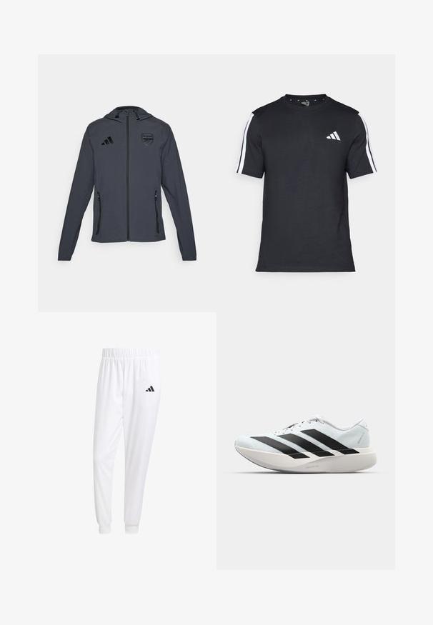 Gray hooded jacket with black accents, featuring a zipper front, two side pockets, and an Arsenal logo on the left chest. Lightweight material.; Black T-shirt made of cotton with short sleeves, featuring white stripes on the shoulders and a white logo on the left chest.; White athletic pants made of smooth fabric, featuring an elastic waistband and fitted cuffs, with a black logo on the back pocket.; Lightweight running shoes in pale blue with black stripes. Features a smooth upper, round toe, and thick white midsole labeled "LIGHTSTRIKE PRO."