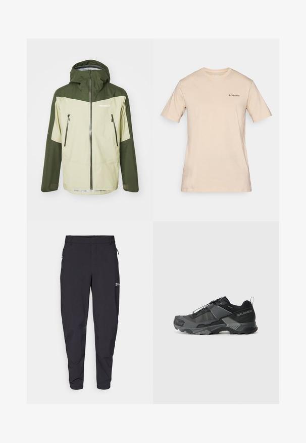 Norrøna FALKETIND GORE-TEX JACKET - Hardshell jakna - sage green; Bež majica s kratkimi rokavi iz bombaža, z majhnim črnim logotipom Columbia na levem prsnem predelu. Standardna zasnova okrogle ovratnice.; Temno sivi, lahki zunanji hlače s slim fit krojem, elastičnim pasom, žepoma z zadrgo in diskretno logo podrobnostjo ob strani.; Črne trail tekaške čevlje z vzdržljivim mrežastim zgornjim delom, ojačano zaščito prstov, teksturiranim gumijastim podplatom in elastičnim sistemom vezalk za varen oprijem.
