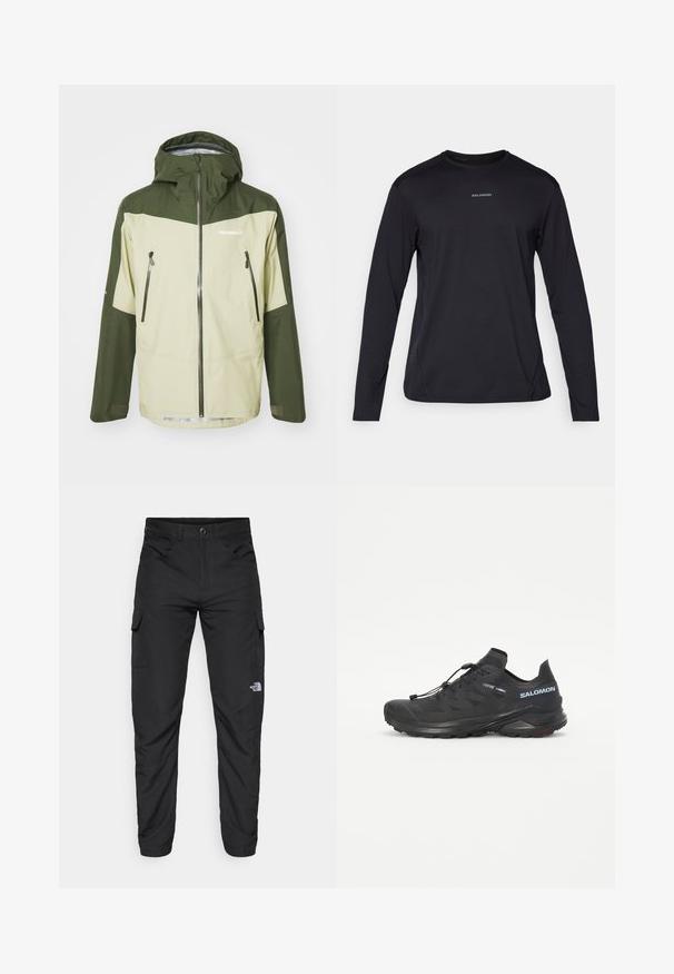 Norrøna FALKETIND GORE-TEX JACKET - Hardshell-jakke - sage green; Sort langærmet T-shirt med rund hals, lavet af glat stof. Har diskrete syninger og et lille logo på brystet.; The North Face HORIZON PANT - Outdoorbukser - black; Sort trail løbesko med en tekstureret overdel, elastiske snørebånd og Contagrip ydersål. Har en tætsiddende pasform og beskyttende tåhætte.