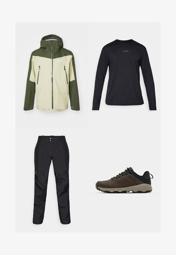 Norrøna FALKETIND GORE-TEX JACKET - Giacca hard shell - sage green; T-shirt nera a maniche lunghe con colletto rotondo, realizzata in tessuto liscio. Presenta cuciture sottili e un piccolo logo sul petto.; Pantaloni impermeabili neri con una texture liscia, dotati di due bottoni frontali e un design a gamba affusolata. Accentuati con un logo sul lato.; Sneakers impermeabili marroni con tomaia testurizzata, dettagli perforati, supporto al tallone nero e suola in gomma grigia. I lacci sono decorati con estremità metalliche.