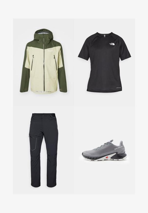 Norrøna FALKETIND GORE-TEX JACKET - Hardshell jacket - sage green; Black short-sleeve athletic shirt with a textured fabric, featuring a white logo on the left chest and a straight hem.; Black outdoor pants featuring a zippered thigh pocket, elastic waistband, and smooth, water-resistant fabric. Clean design with no visible logos.; Gray running shoes with textured mesh upper, black and white rubber sole, and red accent near the heel. Features laces and supportive design.