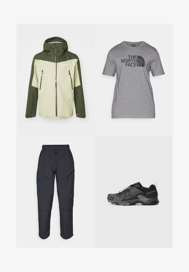 Norrøna FALKETIND GORE-TEX JACKET - Veste Hardshell - sage green; T-shirt gris à manches courtes en mélange de coton, avec un imprimé graphique noir "THE NORTH FACE" et un détail de logo incurvé sur le devant.; Pantalons cargo noirs en matériau léger et résistant à l'eau ; dotés d'une taille élastique, de plusieurs poches zippées et de jambes fuselées.; Chaussure de trail running noire avec une tige en mesh durable, une coque de protection renforcée à l'avant, une semelle en caoutchouc texturé et un système de laçage élastique pour un maintien sécurisé.