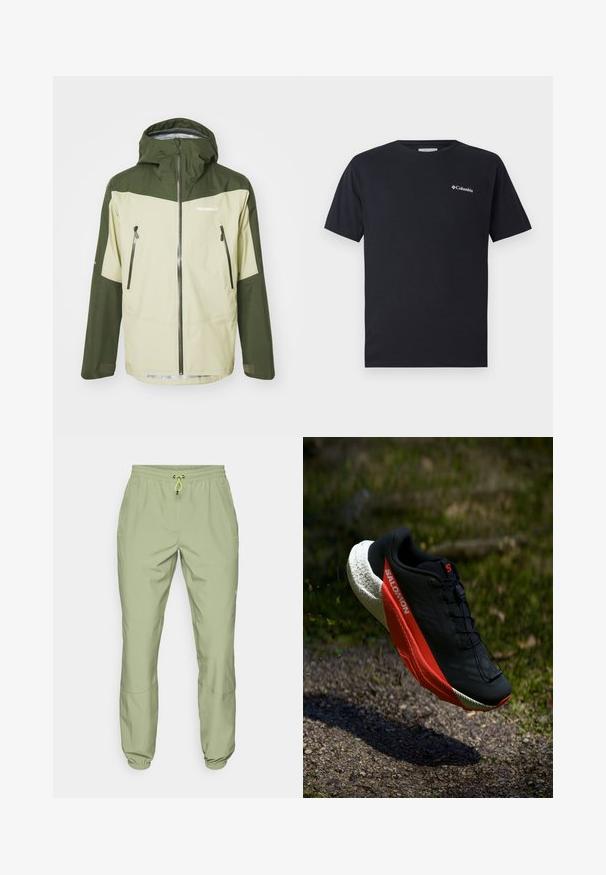 Norrøna FALKETIND GORE-TEX JACKET - Veste Hardshell - sage green; T-shirt noir à manches courtes en coton, avec un petit logo blanc Columbia sur la partie gauche de la poitrine. Encolure ronde classique et coupe décontractée.; Pantalons de sport vert clair avec une taille élastique, fermeture à cordon de serrage et ourlets aux chevilles ; dotés de deux poches latérales et d'une texture lisse.; Baskets de course noires avec des accents rouges, tige en mesh léger, semelle blanche texturée et système de laçage. Conçues pour la performance et le confort.