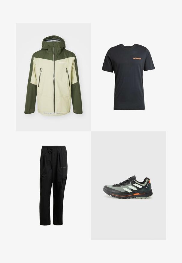 Norrøna FALKETIND GORE-TEX JACKET - Hardshellová bunda - sage green; Černé tričko s krátkým rukávem vyrobené z bavlny, s oranžovým logem "TERREX" na levé části hrudi. Klasický střih, kulatý výstřih.; Černé cargo kalhoty vyrobené z lehkého materiálu, s elastickým pasem, bočními kapsami a decentním logem na stehně.; Lehká trailová běžecká bota se šedou a černou síťovinou, oranžovými akcenty a robustní podešví pro trakci. Voděodolná podšívka Gore-Tex.