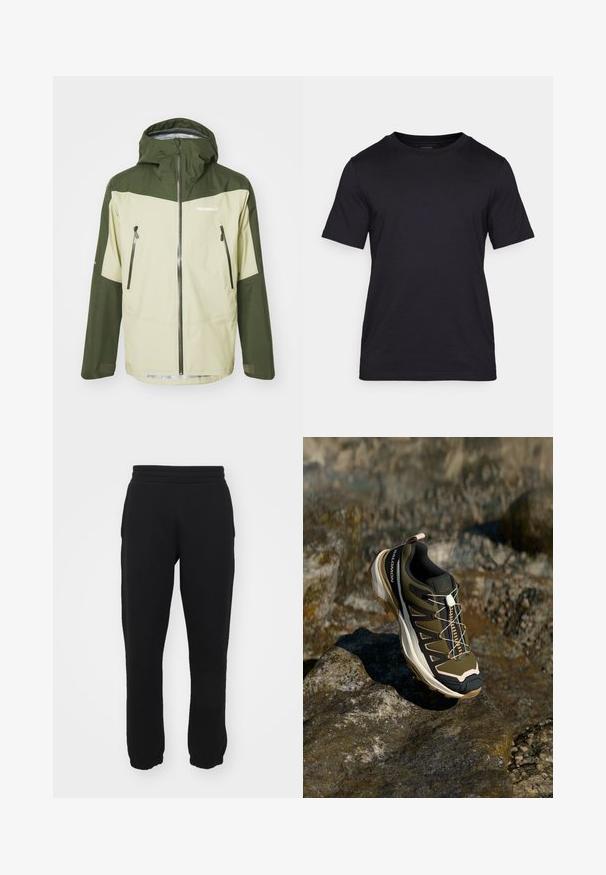 Norrøna FALKETIND GORE-TEX JACKET - Vízlepergető széldzseki - sage green; Fekete póló sima anyagból, kerek nyakkivágással és rövid ujjakkal. Diszkrét fekete márkajelzés található a mellkason.; Fekete, pamut keverékből készült melegítőnadrág, rugalmas derékkal, tapered szabású lábszárral és ribbelt mandzsettával a bokánál. Egyszerű dizájn, minta nélkül.; Olívazöld és fekete túrabakancs rózsaszín részletekkel. Jellemzői közé tartozik a texturált felsőrész, a rugalmas talp, a megerősített orr- és a színes fűzőrendszer.