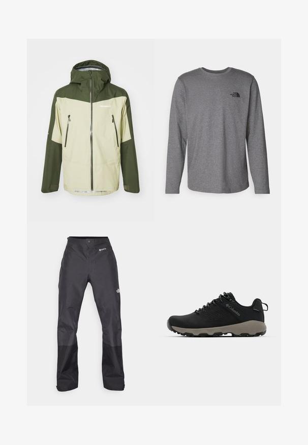 Norrøna FALKETIND GORE-TEX JACKET - Hardshelljacke - sage green; The North Face M L/S SIMPLE DOME TEE - Langarmshirt - medium grey heather; Schwarze wasserdichte Hose mit glatter Textur, ausgestattet mit einem GORE-TEX-Logo auf der Vorderseite und verstärkten Unterschenkeln für zusätzliche Haltbarkeit.; Schwarze Wanderschuhe mit glattem Obermaterial, perforiertem Design, grauer Laufsohle und verstärktem Fersenbereich. Mit Schnürsenkeln und einer Schlaufe für einfaches Anziehen.