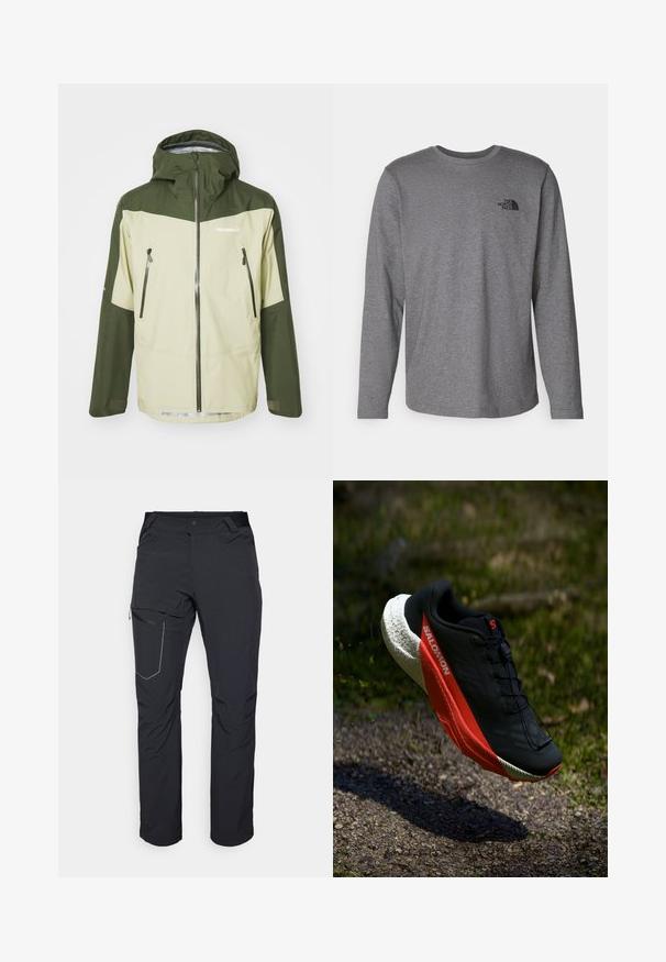 Norrøna FALKETIND GORE-TEX zielony; The North Face - Bluzka z długim rękawem; Czarne spodnie outdoorowe z zamkiem błyskawicznym na udzie, elastycznym paskiem w talii oraz gładkim, wodoodpornym materiałem. Czysty design bez widocznych logo.; Czarne buty do biegania z czerwonymi akcentami, lekką siateczkową cholewką, teksturowaną białą podeszwą i systemem sznurowania. Zaprojektowane z myślą o wydajności i komforcie.