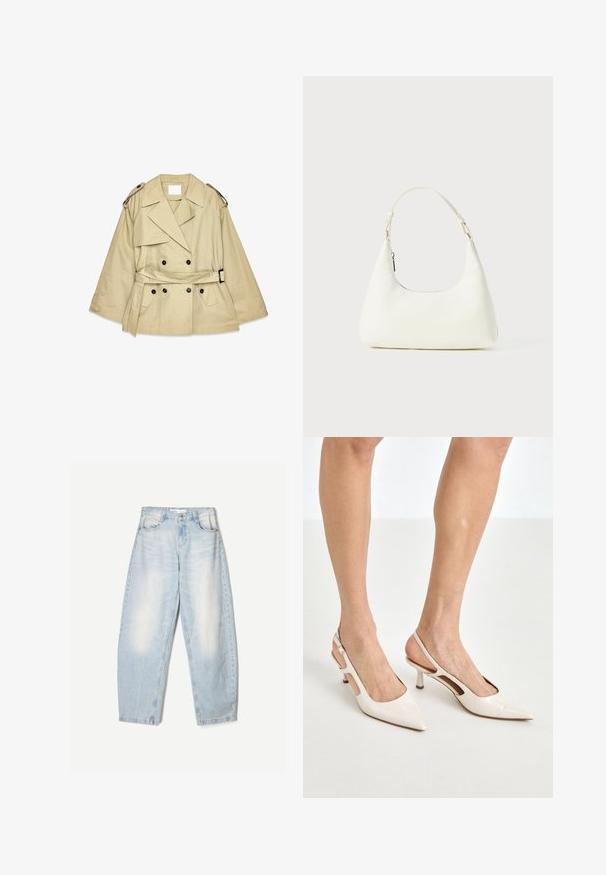 Cappotto beige con chiusura doppiopetto, grandi rever e spalline. Presenta una vita con cintura e tasche laterali.; Top corto in pizzo azzurro chiaro con sottili spalline, dotato di un orlo in pizzo ondulato e un motivo floreale, progettato per una silhouette aderente.; Jeans in denim azzurro chiaro con una vestibilità ampia, caratterizzati da una finitura sbiadita, due tasche frontali e una chiusura con bottone in vita.; Tacchi slingback in pelle lucida beige con punta affusolata e tacco di 5 cm, caratterizzati da lati traforati e una sottile fascia alla caviglia.; Piccola borsa a spalla bianca con una singola tracolla regolabile e chiusura a zip, su uno sfondo bianco uniforme.