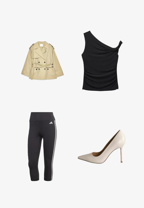 Beige trenchcoat med dobbeltradet front, store revers og skulderklapper. Har en bæltestrop i taljen og sidelommer.; Sort top med én skulder lavet af blød, strækbar stof med rynkning i siden og snoet detalje ved halsudskæringen. Glat tekstur og slim fit design.; Sorte trekvart leggings lavet af strækbart materiale med en bred talje og tre hvide striber ned ad siderne.; Hvide læder højhælede pumps med spids tå og udskæringsdetaljer. Har en slank stilettohæle og glat tekstur, designet til formelt brug.