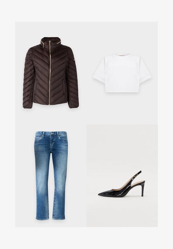 MICHAEL Michael Kors SHORT PACKABLE - Gewatteerde jas - chocolate; Gemiddelde witte T-shirt gemaakt van zachte stof, met korte mouwen, een ronde halslijn en geribbelde zoomdetails. Eenvoudig en ongecompliceerd ontwerp.; Lichtblauwe denim jeans met een rechte pasvorm, subtiele vervaging en een medium hoge taille. Beschikt over vijf zakken en riemlussen.; Zwarte gepatineerde leren slingback pump met een puntige neus, slanke hak en een subtiel uitgesneden ontwerp. Bevat een gouden gesp op de band.