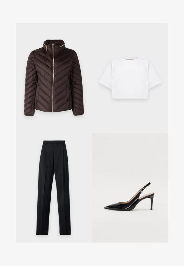 MICHAEL Michael Kors SHORT PACKABLE - Puhovka - chocolate; Kratka bela majica iz mehkega materiala, s kratkimi rokavi, okroglega izreza in rebrastimi robovi. Preprost in neokrašen dizajn.; Črne hlače iz gladkega materiala, ki imajo visok pas, široke noge, sprednje nabore in klasične zanke za pas. Nevidni stranski žepi.; Črne lakirane slingback čevlje z izostrenim nosom, ozkim peto in subtilnim izrezom. Na traku je zlata sponka.