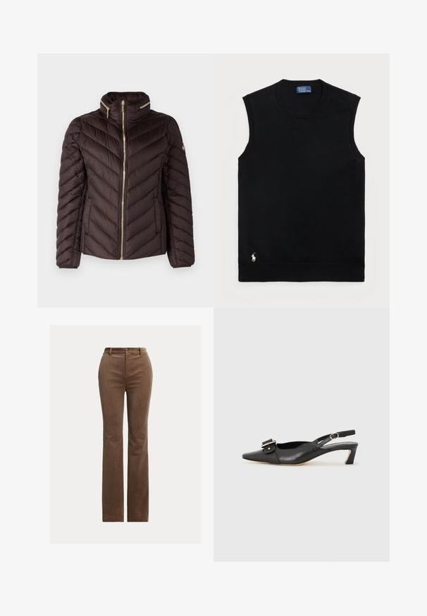 MICHAEL Michael Kors SHORT PACKABLE  - Doudoune - chocolate; Pull en coton sans manches noir avec un col rond. Il présente un petit logo blanc dans le coin inférieur gauche et des finitions côtelées.; Pantalon en velours côtelé marron avec une coupe droite, comportant des passants de ceinture, des poches avant et un léger relief vertical pour la texture.; Chaussure slingback en cuir noir avec un bout pointu, un petit talon et un détail de boucle décoratif sur le dessus. Texture lisse, design minimaliste.