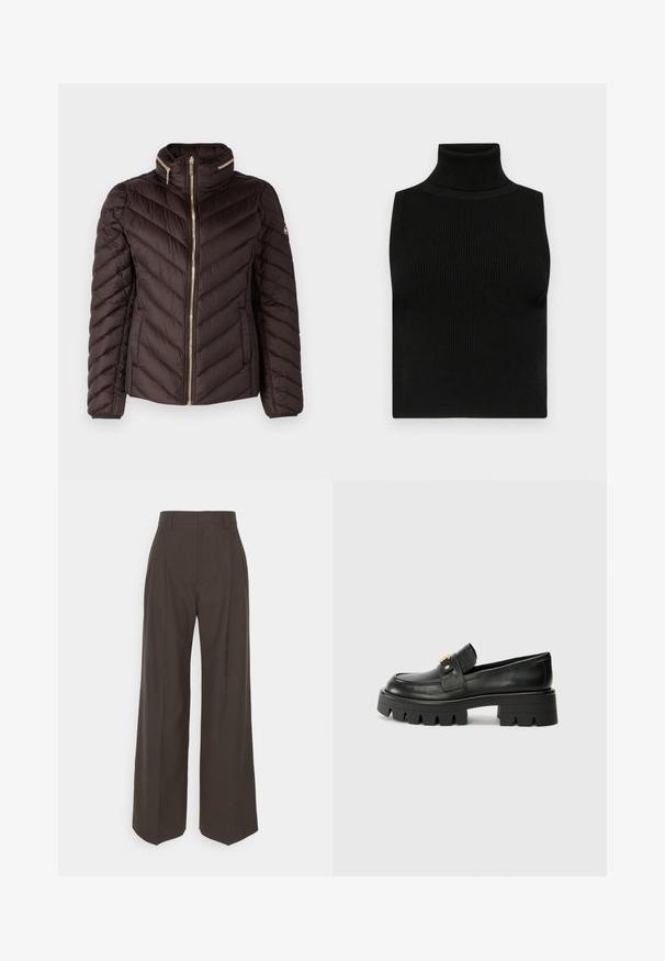 MICHAEL Michael Kors - Kurtka puchowa; Czarna, bezrękawnikowa bluzka w stylu golfu z prążkowaną teksturą i dopasowanym krojem. Gładki materiał z wysokim kołnierzem i bez dodatkowych zdobień.; Ciemnobrązowe spodnie z szerokimi nogawkami i wysokim stanem, wyróżniające się starannie wyprasowanymi zagnieceniami, gładką fakturą i dopasowanym krojem.; Czarne skórzane loafersy z masywną podeszwą, z akcentem w kolorze złota z przodu i gładkim wykończeniem. Masywna podeszwa z ciekawym wzorem.