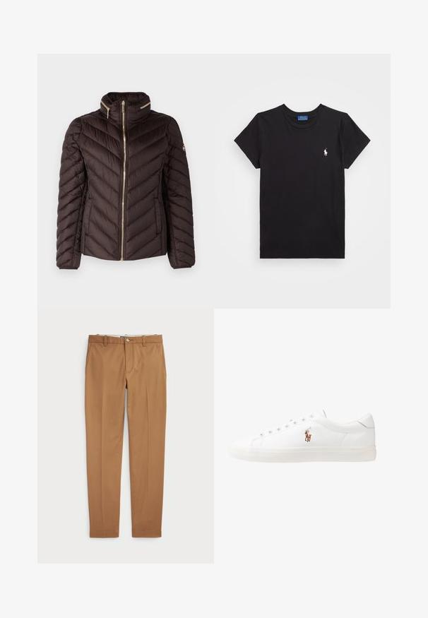 MICHAEL Michael Kors SHORT PACKABLE - Dunjakke - chocolate; Svart bomulls t-skjorte med rund hals, korte ermer og en hvit brodert logo på venstre bryst. Glatt tekstur, uformelt design.; Brune bomullsbukser med en slim-fit design, flat front og standard lommer; jevn tekstur og kantede mansjetter.; Hvite lærsko, lavt design, med en glatt tekstur, rund tå, snøring foran, og en liten brodert logo på siden.