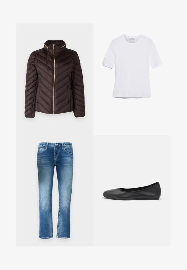 MICHAEL Michael Kors SHORT PACKABLE - Dunjakke - chocolate; Hvit kortermet t-skjorte laget av ribbestrikket materiale. Rund hals, vanlig passform og subtile sømdetaljer. Ingen mønstre eller grafikk.; Lys blå denimjeans med rette ben, subtil fading og medium høyde på livet. Har fem lommer og beltehemper.; Svart skinnballettflatt med rund tå, glatt tekstur, minimal sømdetalj, og et fleksibelt såledesign.