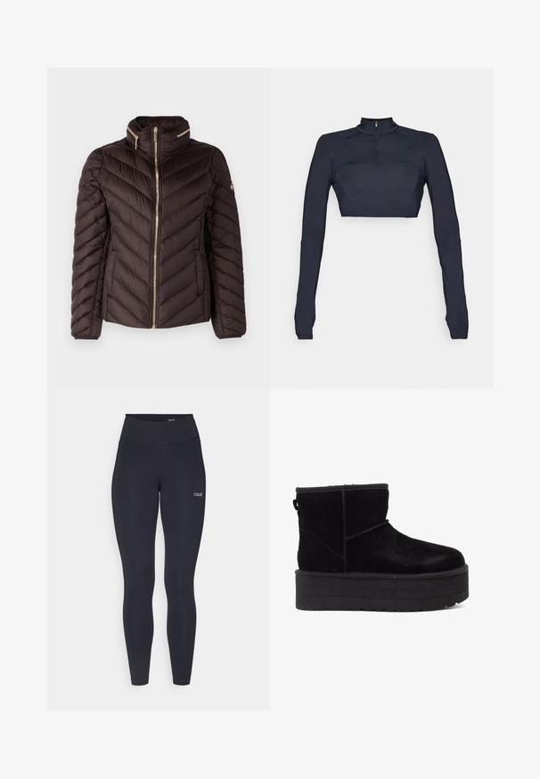 MICHAEL Michael Kors SHORT PACKABLE - Bunda z prachového peří - chocolate; Námořnický modrý krátký top s dlouhým rukávem, s vysokým límcem a čtvrtým zipem, s texturovanými ramenními panely a přiléhavým střihem.; Černé legíny s vysokým pasem, vyrobené z elastického materiálu, s malým bílým logem na stehně a hladkým povrchem.; Černé semišové kotníkové boty s tlustou platformou a měkkou podšívkou. Dokončeno švy a zadním poutkem pro snadné obléknutí.