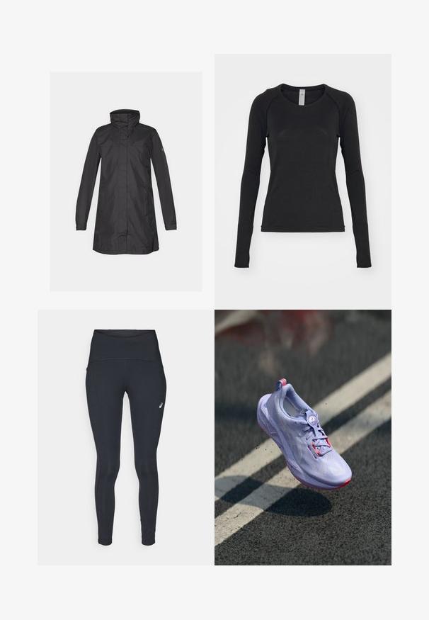 Czarna wodoodporna kurtka z wysokim kołnierzem, długimi rękawami i prostym dołem. Charakteryzuje się minimalistycznym stylem i gładką, matową teksturą.; Czarna koszula z długim rękawem, wykonana z miękkiego materiału. Posiada okrągły dekolt oraz rękawy raglanowe z otworami na kciuki przy mankietach. Minimalistyczny design.; ASICS ROAD czarny; Jasnofioletowy but do biegania z teksturowaną cholewką, różowymi akcentami, okrągłym mechanizmem sznurowania i nakropkowaną podeszwą, uniesiony nad tle chodnika.