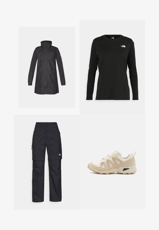 Črna vodoodporna jakna z visokim ovratnikom, dolgimi rokavi in ravnim robom. Ima minimalističen dizajn in gladko, mat teksturo.; Črna majica z dolgimi rokavi iz bombaža z okroglo izrezom. Ima majhen bel logotip na levem prsnem delu. Enostaven dizajn in prileganje.; Črne najlon hlače z zipom, ki se lahko odstranijo, s prilagodljivimi manšetami, več žepi in logotipom na desni nogi. Gladka, lahka tekstura.; Bež in krem športni čevlji z teksturiranim mrežastim zgornjim delom, podpornimi prekrivali in gumijastim podplatom z vzorcem za oprijem.