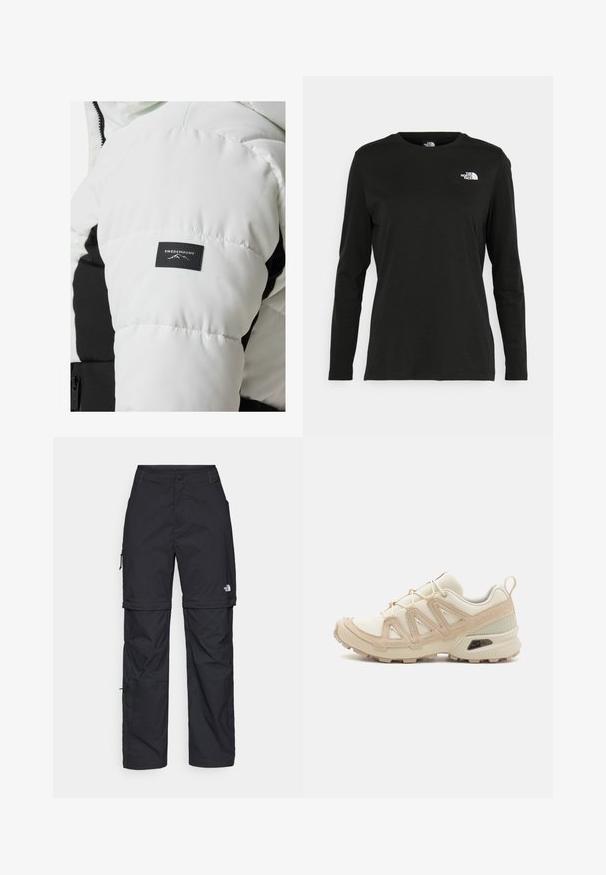 White puffer jacket with a black accent and textured patch featuring "SWEDEMOUNT" logo; quilted design, glossy fabric, and hood attachment.; Black long-sleeve t-shirt made of cotton with a round neck. Features a small white logo on the left chest area. Simple design and fit.; Black nylon zip-off cargo trousers with adjustable cuffs, multiple pockets, and a logo on the right leg. Smooth, lightweight texture.; Beige and cream athletic shoe with textured mesh upper, supportive overlays, and rubber outsole featuring a tread pattern for traction.