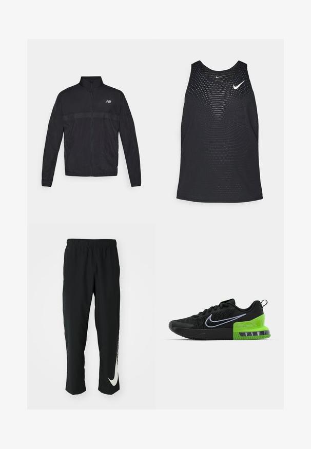 Casaco leve preto com gola alta, fecho completo e painel perfurado contrastante no peito. Apresenta o logótipo da New Balance no lado esquerdo.; Camisola de desporto preta sem mangas com uma textura perfurada e decote redondo. Apresenta um logótipo branco da Nike no peito.; Calças atléticas pretas com cintura elástica, design afunilado, apresentando um grande logótipo branco da Nike na perna esquerda. Tecido macio e leve.; Sapatilha desportiva preta com parte superior em malha, apresentando uma sola verde e preta com amortecimento de ar, e um logo swoosh branco da Nike.