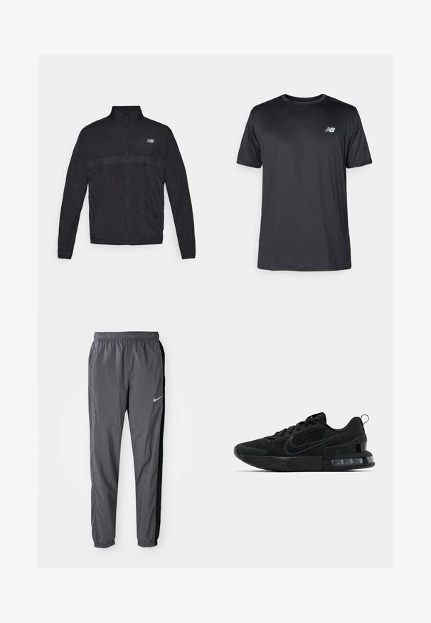 Melna viegla jaka ar augstu apkakli, pilnu rāvējslēdzēju un kontrastējošu perforētu paneli krūtīs. Uz kreisās puses ir New Balance logotips.; New Balance Sporta krekli - black; Nike sporta bikses, izgatavotas no viegla auduma, tumši pelēkā krāsā ar melnām sānu paneļiem. Iezīme – elastīga josta un atstarojošs logo.; Melni Nike sporta apavi ar tīkliņa virsmu, teksturētu zolīšu un redzamu gaisa spilvenu papēdī. Akcenti un logotips tumšākā melnā krāsā.