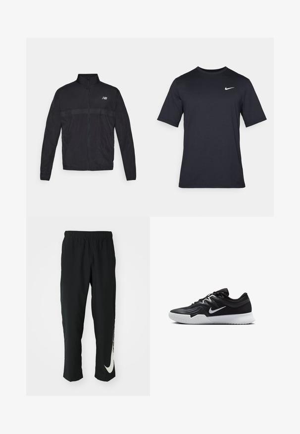 Must mustriga mustri, millel on kõrge krae, täislukk ja kontrastsest perforatsioonipaneelist rinnal. Vasakul küljel on New Balance'i logo.; Must tume musta Nike t-särk, mis on valmistatud siledast kangast, valge swoosh logo vasakul ülanurgas, ümar kaelus.; Mustad mustad sportlikud püksid elastse vöökohtadega, kitseneva disainiga, millel on vasakul jalal suur valge Nike logo. Pehme, kerge kangas.; Must mustad jalanikesad rikaste ülaservaga, valge Nike swoosh'i ja valge kummist välispõhjaga. Omab paeltega sulgemisdetaili ja dünaamilist kuju.