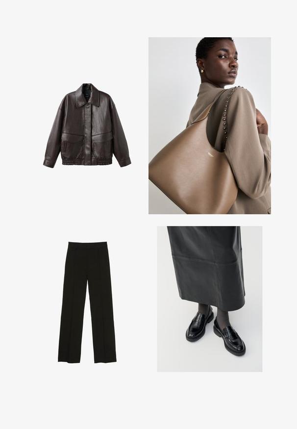 Smeđa kožna jakna s širokim ovratnikom, dva prednja džepa i elastičnim naborima na rubu. Glatka, sjajna tekstura.; Tamnosivi skraćeni džemper s dugim rukavima, okruglim izrezom i teksturiranom završnom obradom. Jednostavan dizajn bez uzoraka ili ukrasa.; Crne široke hlače izrađene od glatkog materijala, s uskim pojasom i suptilnim prednjim naborima za dodatnu teksturu.; Crne kožne mokasine s glatkom završnom obradom, s dekorativnom trakicom, okruglim vrhom i teksturiranom potplatom. Nosi se s dugom crnom kožnom suknjom.; Smeđa kožna tašna s glatkom teksturom, koja ima zakrivljeni siluet i metalni logotip. Traka ima dekorativne zakovice duž šava.