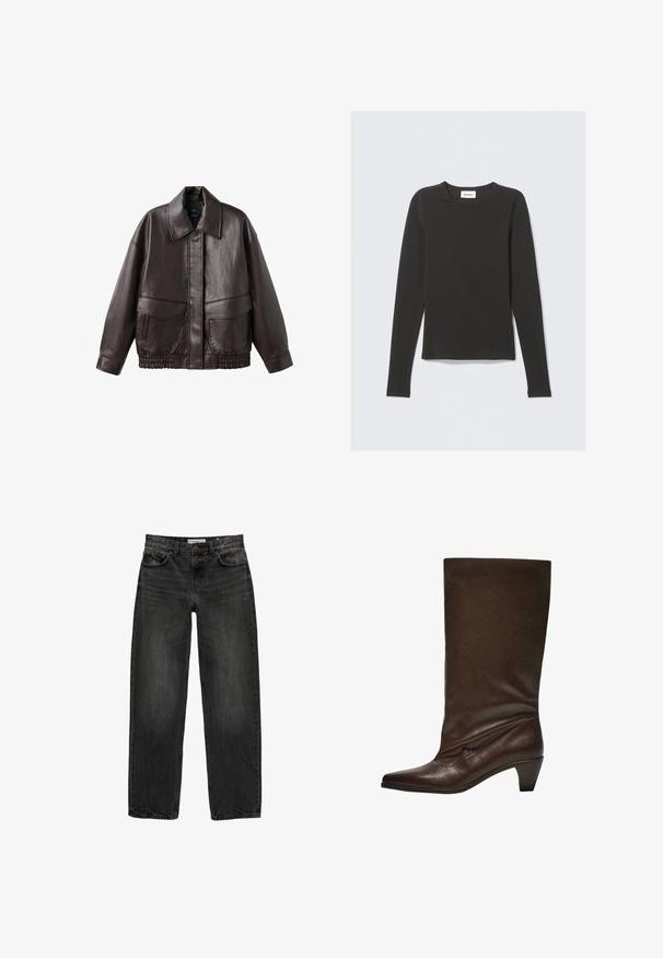 Giacca in pelle marrone con ampio colletto, due tasche frontali e accenti elastici arricciati all'orlo. Texture liscia e lucida.; Maglietta nera a maniche lunghe con collo a giro e un piccolo etichetta bianca con la scritta "WEEKDAY" all'interno del colletto, esposta su uno sfondo chiaro.; Jeans in denim nero con una vestibilità rilassata, gamba dritta, design a cinque tasche e una texture leggermente sbiadita. Chiusura con bottone e zip nella parte anteriore.; Stivale in pelle marrone scuro, a metà polpaccio, con tacco basso impilato, punta affusolata e asta leggermente scivolata su uno sfondo bianco.