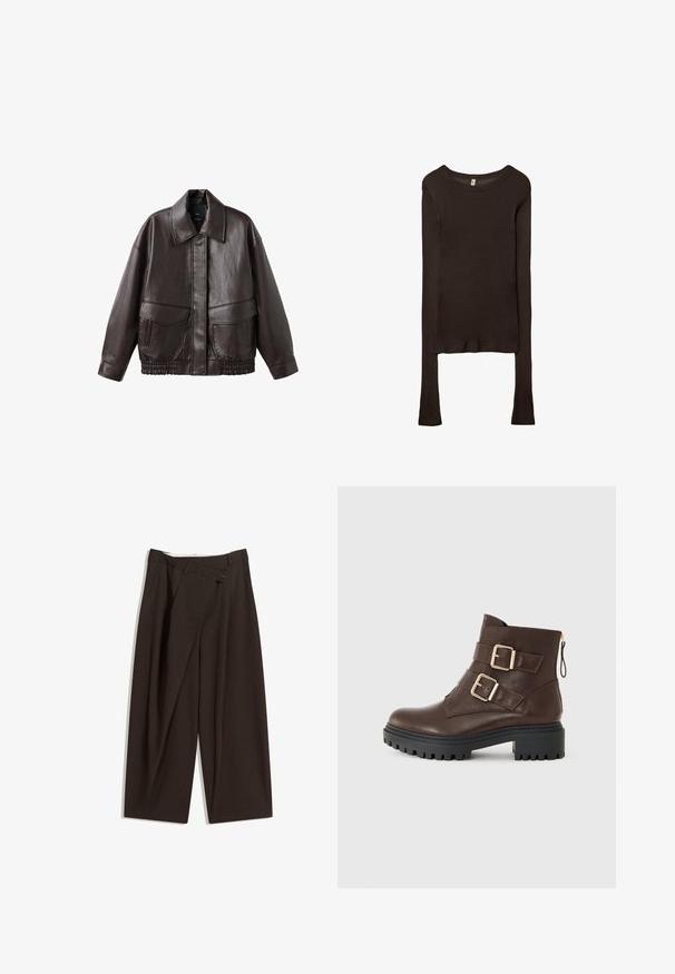 Veste en cuir marron avec un large col, deux poches avant et des accents froncés élastiques à l'ourlet. Texture lisse et brillante.; Haut ajusté à manches longues en tissu marron foncé. Encolure ronde, texture lisse et manches légèrement allongées sans poignets.; Pantalons larges marron foncé à taille haute, dotés d'une fermeture à un bouton et d'un devant plissé. Confectionnés en tissu léger.; Bottine en cuir marron avec boucles dorées, fermeture zippée et semelle en caoutchouc noir robuste. Présente une finition texturée et une silhouette épurée.