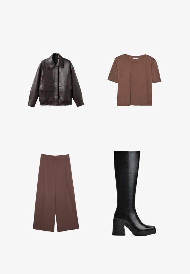 Hnedá kožená bunda so širokým golierom, dvoma prednými vreckami a elastickými zhromaždenými detailmi na spodnom leme. Hladká, lesklá textúra.; Hnedé tričko s krátkym rukávom vyrobené z jemného materiálu, s okrúhlym výstrihom a voľným strihom. Žiadne viditeľné vzory ani akcenty.; Hnedé nohavice so širokými nohavicami a hladkou textúrou, s vysokým pásom a prednými skladmi. Tkanina je ľahká a voľne sa pohybuje.; Čierne vysoké čižmy po kolená vyrobené z textúrovaného syntetického materiálu, s hranatou špičkou, robustným vysokým podpätkom a hladkým, elegantným povrchom.