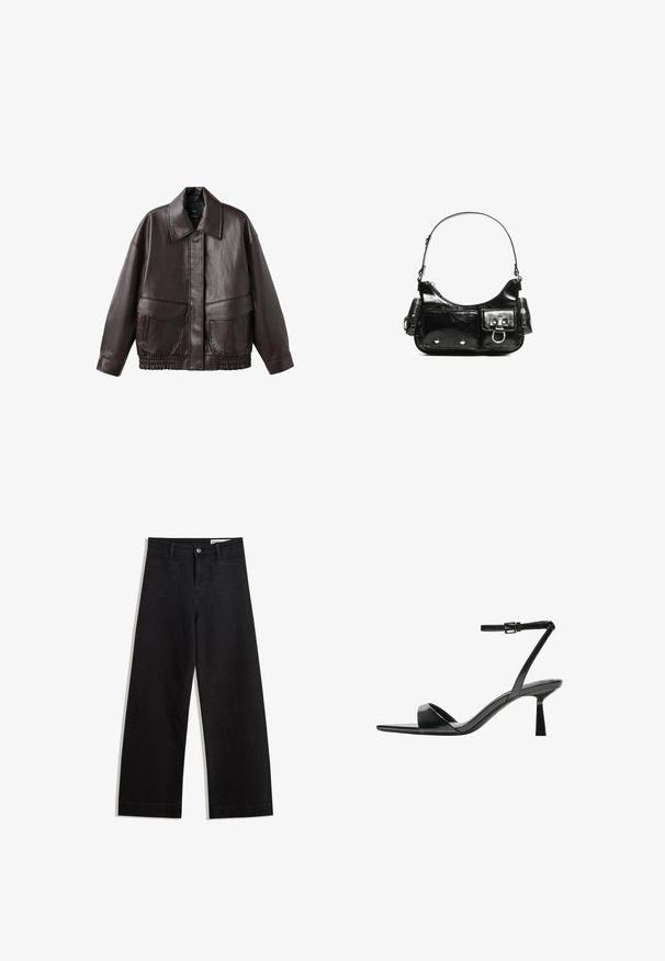 Brązowa skórzana kurtka z szerokim kołnierzem, dwiema przednimi kieszeniami oraz elastycznymi marszczeniami na dolnej krawędzi. Gładka, błyszcząca tekstura.; Biała krótka koszulka z miękkiej bawełny, z okrągłym dekoltem i luźnym krojem, z prostym wykończeniem, gładka, bez wzorów i grafik.; Czarne dżinsowe spodnie o szerokich nogawkach i wysokim stanie, z przednimi i tylnymi kieszeniami, przeszyciami oraz zapięciem na guziki. Gładka struktura.; Bershka - Sandały na obcasie; Czarna torebka z lakierowanej skóry o zaokrąglonym kształcie, z jednym paskiem na ramię, przednimi kieszeniami i akcentami w kolorze srebrnym.